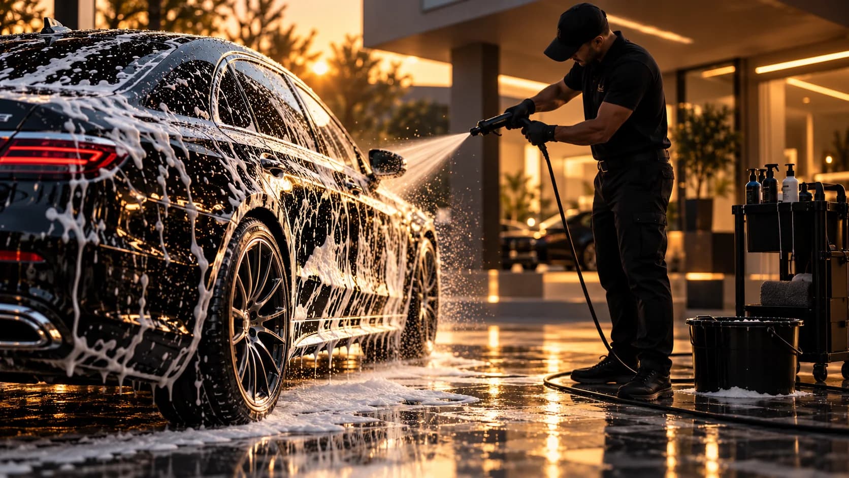 Lavage extérieur à la mousse active d'une berline noire, au crépuscule
