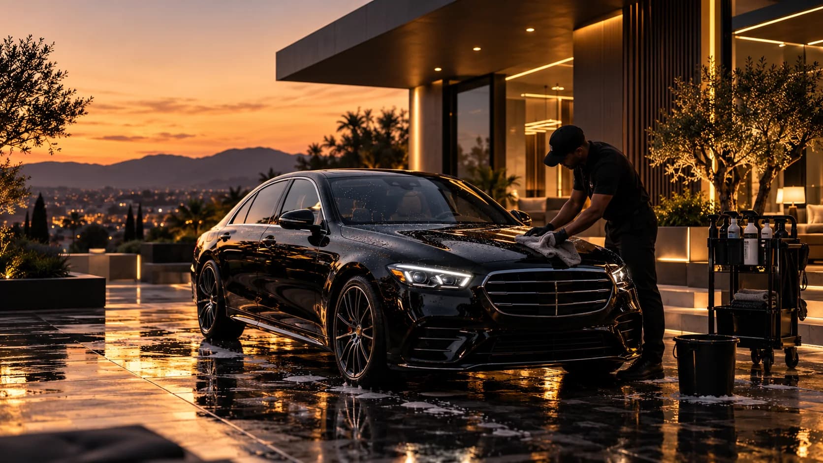 Professionnel Djeli Prestige prenant soin d'une berline noire devant une villa contemporaine, à la golden hour